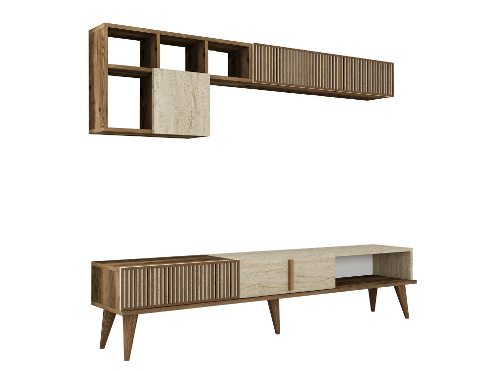 Meuble TV en bois "Milan" - 180 x 35 x 40 cm - Noyer, Travertin