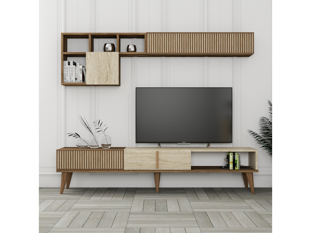 Meuble TV en bois "Milan" - 180 x 35 x 40 cm - Noyer, Travertin