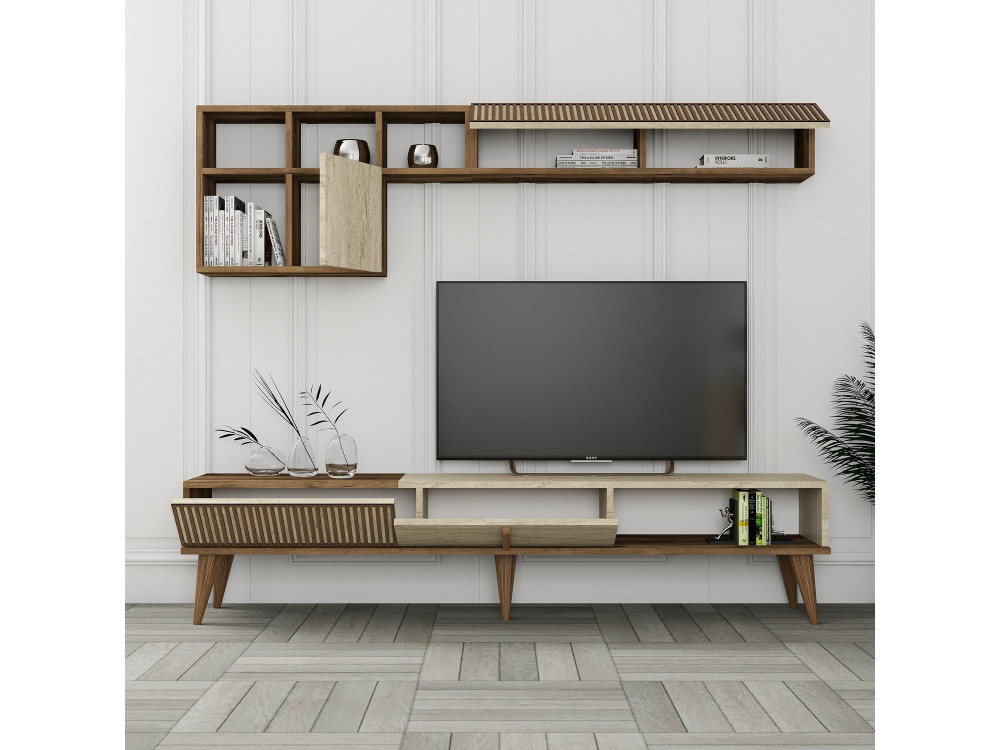 Meuble TV en bois "Milan" - 180 x 35 x 40 cm - Noyer, Travertin