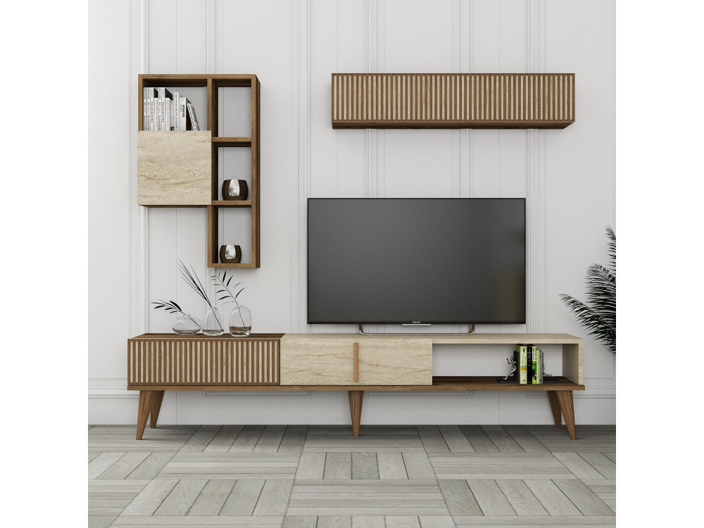 Meuble TV en bois "Milan" - 180 x 35 x 40 cm - Noyer, Travertin