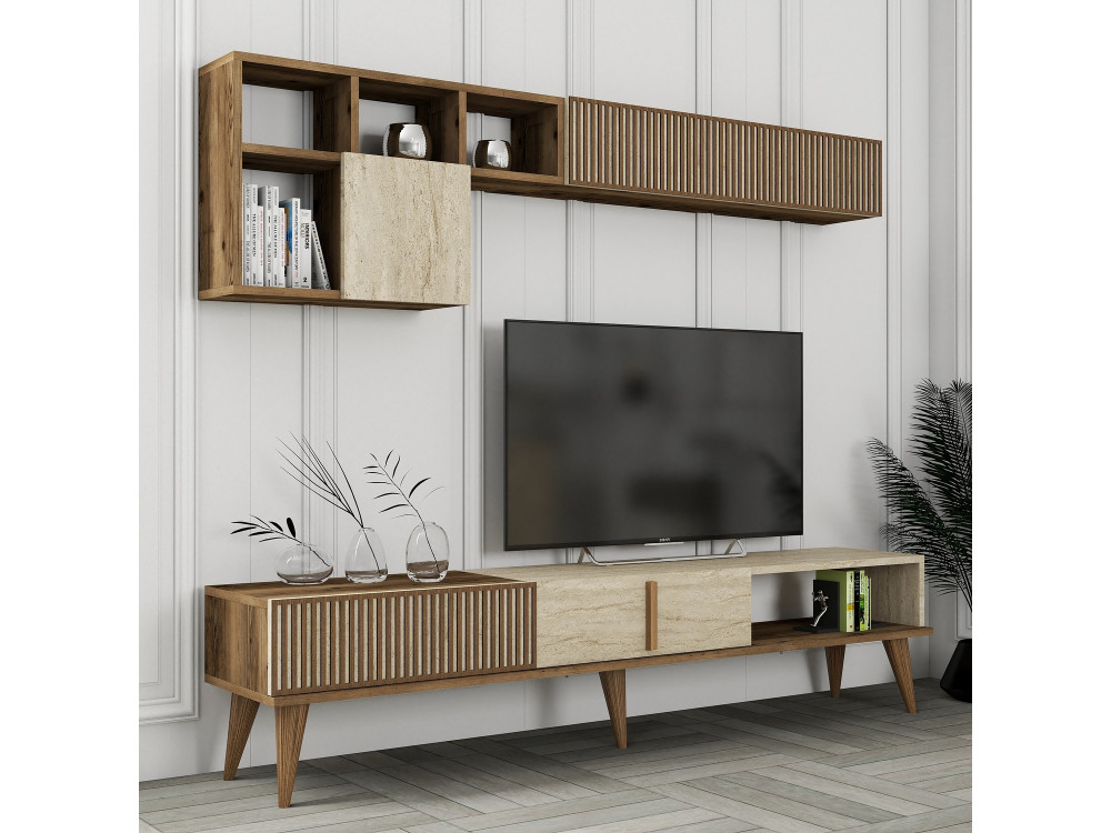 Meuble TV en bois "Milan" - 180 x 35 x 40 cm - Noyer, Travertin