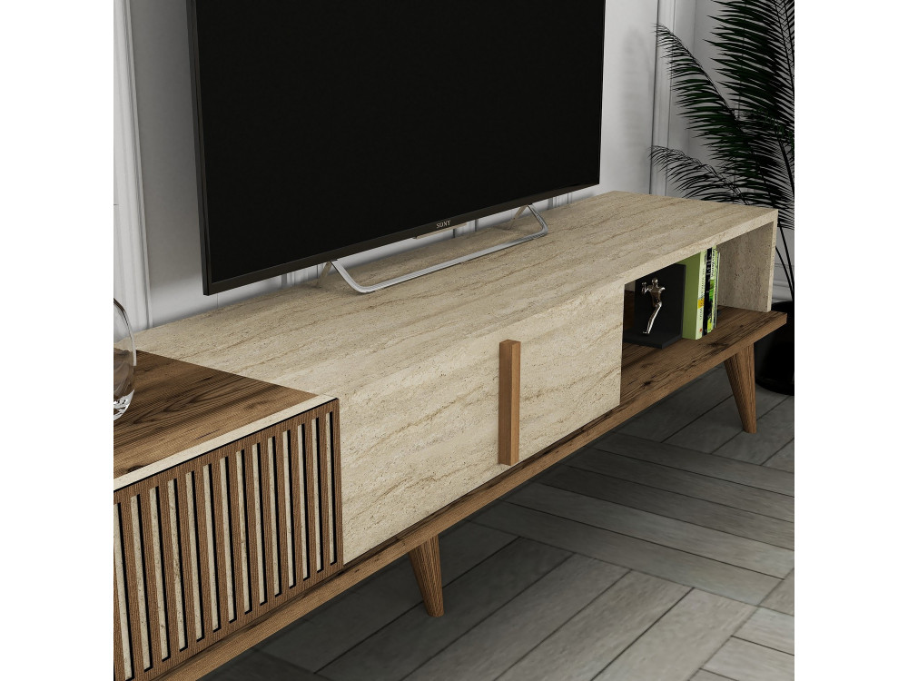 Meuble TV en bois "Milan" - 180 x 35 x 40 cm - Noyer, Travertin