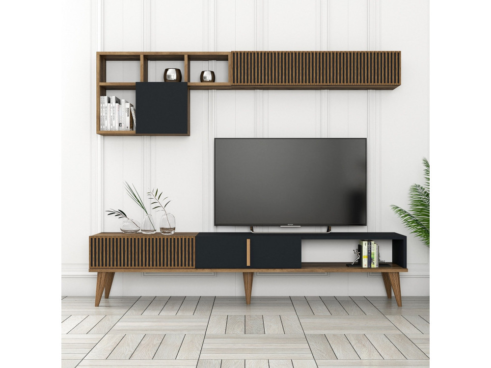 Meuble TV en bois "Milan" - 180 x 35 x 40 cm - Noyer, Anthracite