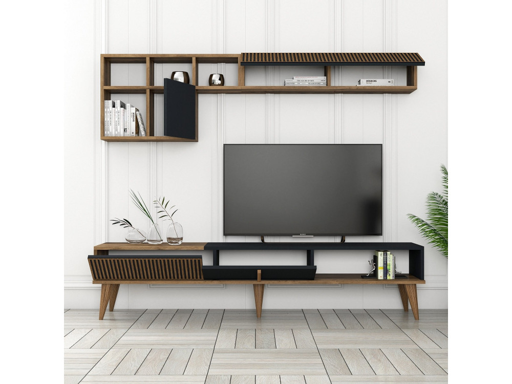 Meuble TV en bois "Milan" - 180 x 35 x 40 cm - Noyer, Anthracite
