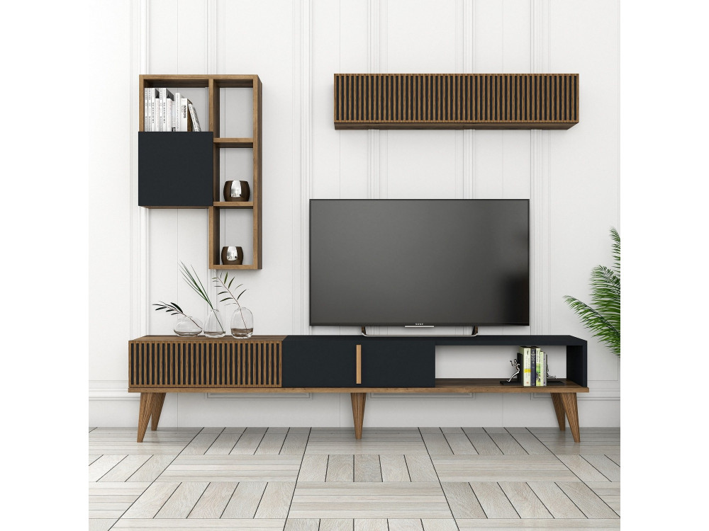 Meuble TV en bois "Milan" - 180 x 35 x 40 cm - Noyer, Anthracite