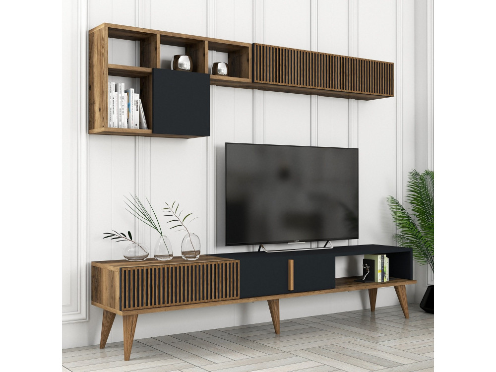Meuble TV en bois "Milan" - 180 x 35 x 40 cm - Noyer, Anthracite