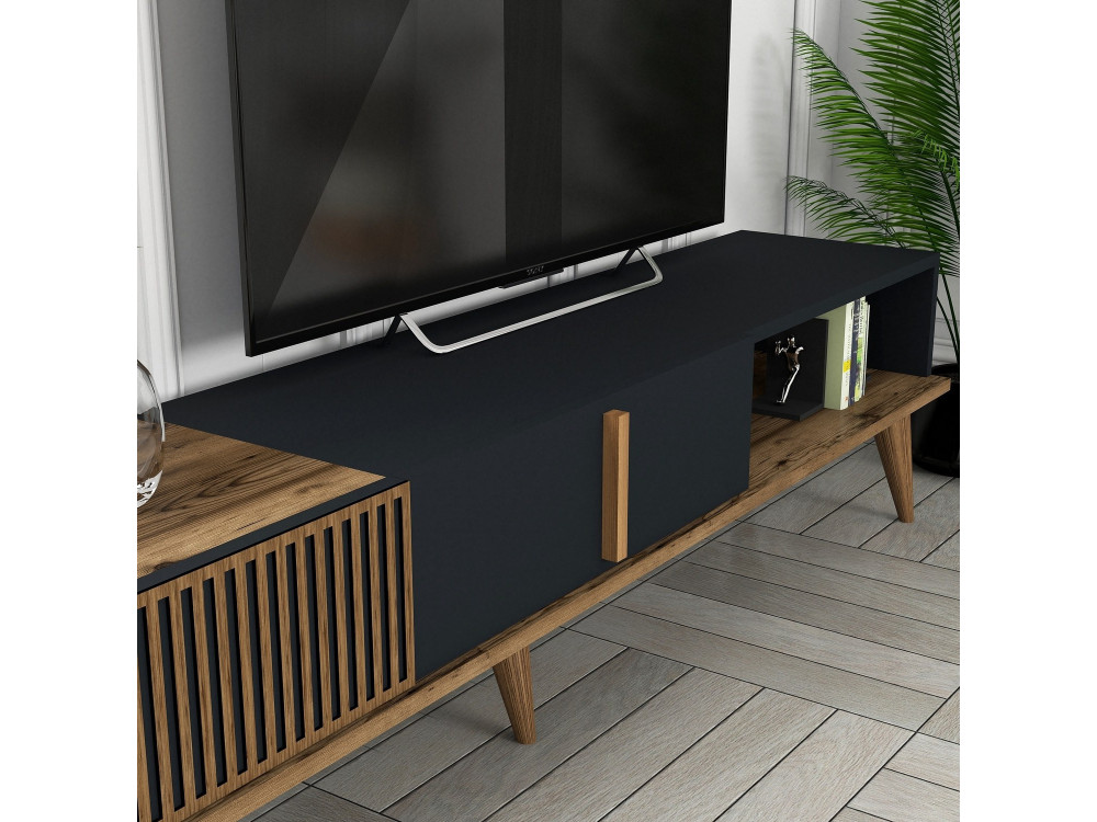 Meuble TV en bois "Milan" - 180 x 35 x 40 cm - Noyer, Anthracite