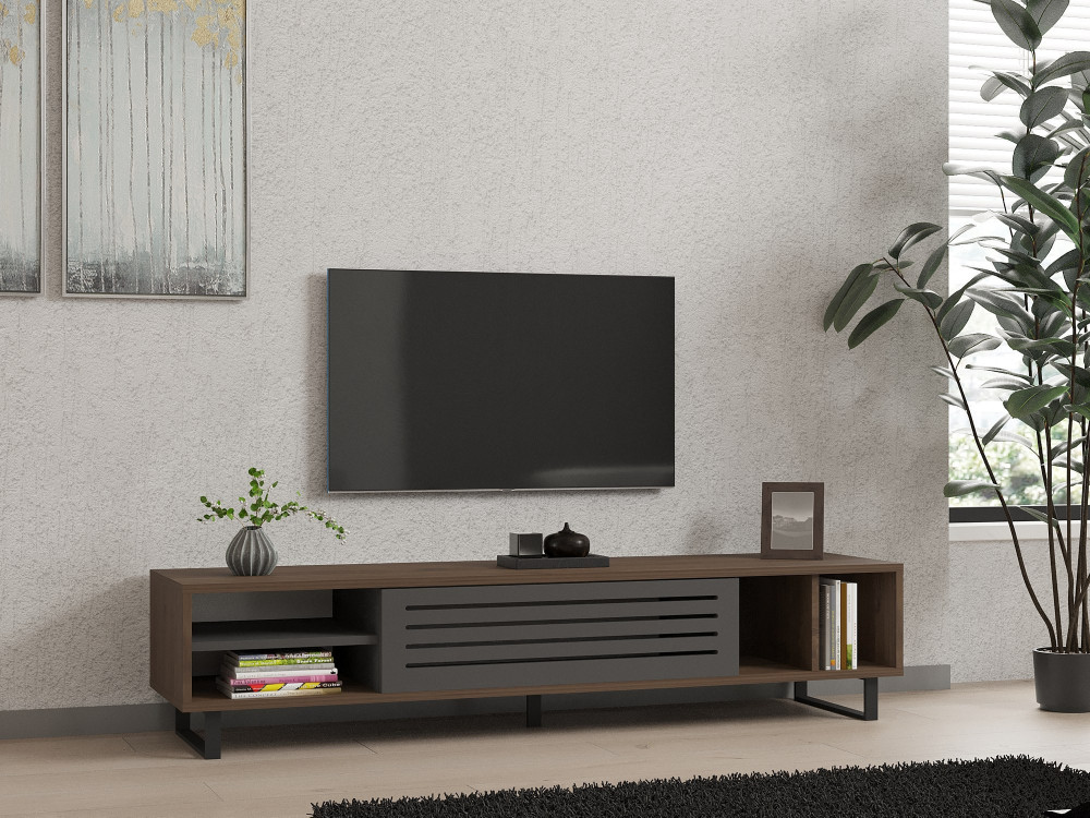 Meuble TV en bois "Eray" - 160 x 40 x 35 cm - Noyer, Anthracite