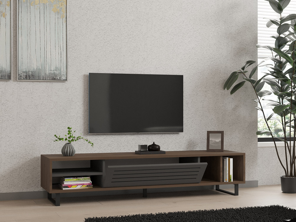 Meuble TV en bois "Eray" - 160 x 40 x 35 cm - Noyer, Anthracite