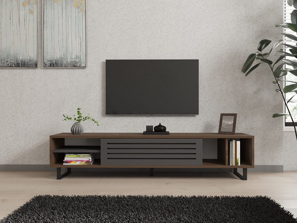 Meuble TV en bois "Eray" - 160 x 40 x 35 cm - Noyer, Anthracite