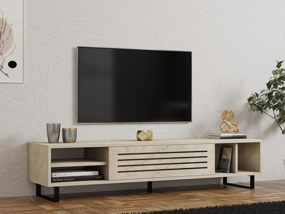 Meuble TV en bois "Safir" - 160 x 40 x 35 cm - Travertin