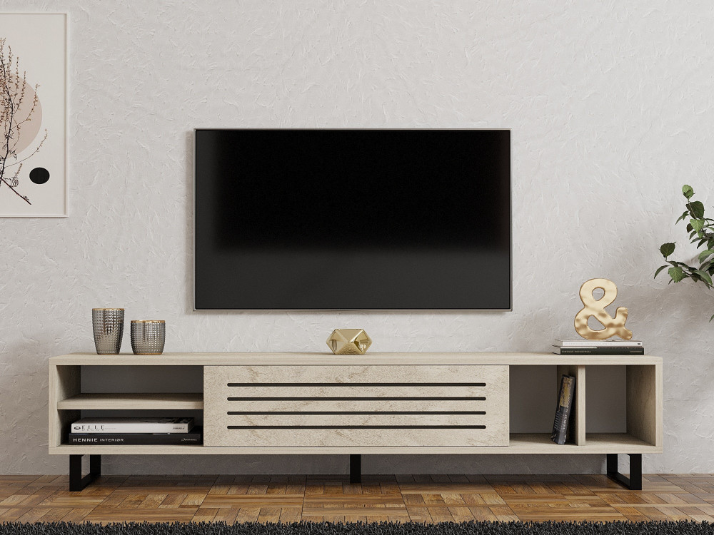 Meuble TV en bois "Safir" - 160 x 40 x 35 cm - Travertin