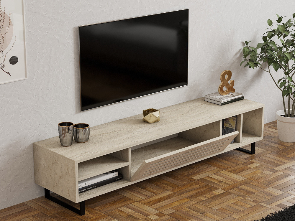 Meuble TV en bois "Safir" - 160 x 40 x 35 cm - Travertin