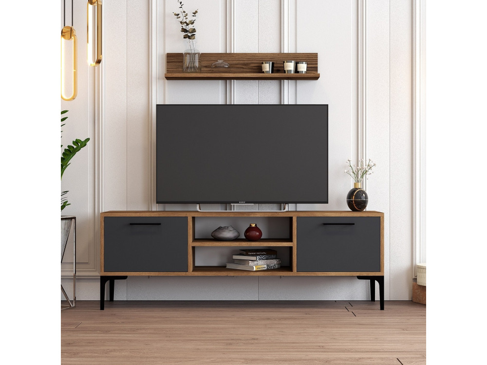 Meuble TV en bois "Riga" - 140 x 30 x 48 cm - NoyerAnthracite