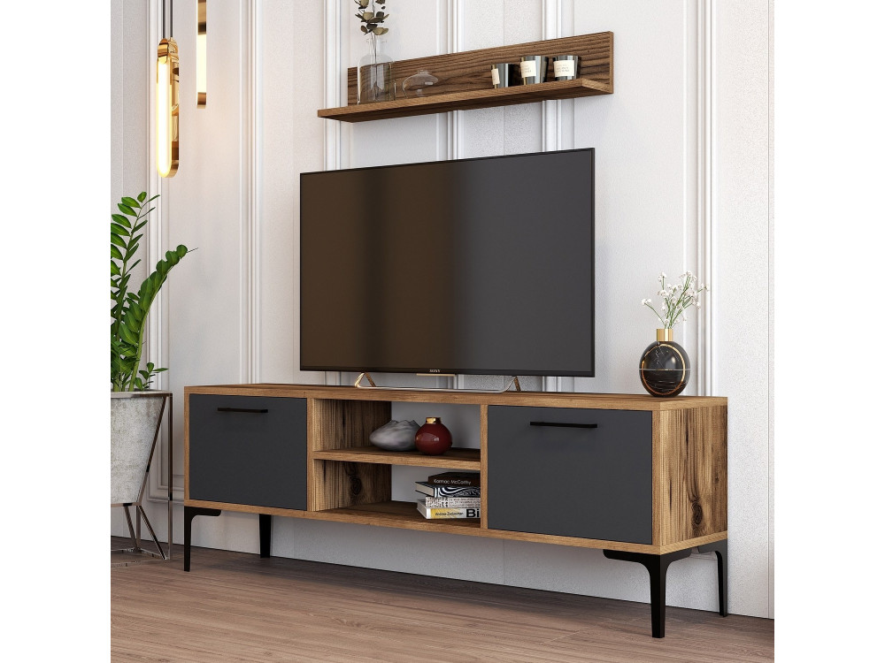 Meuble TV en bois "Riga" - 140 x 30 x 48 cm - NoyerAnthracite