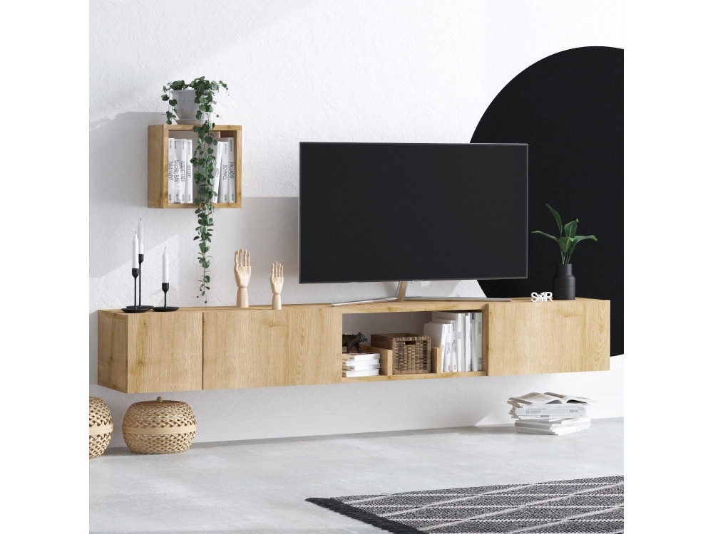 Meuble TV avec étagère murale en bois "Avior" - 180 x 32 x 25 cm - Beige