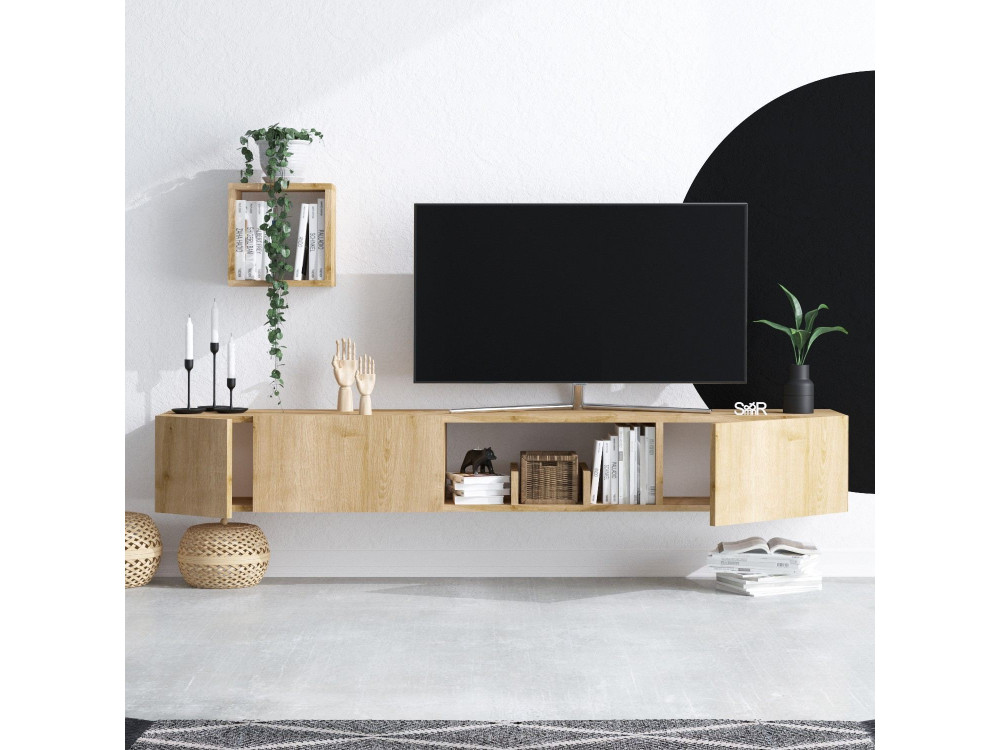 Meuble TV avec étagère murale en bois "Avior" - 180 x 32 x 25 cm - Beige