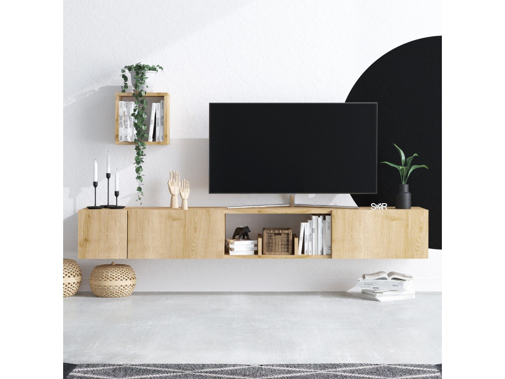Meuble TV avec étagère murale en bois "Avior" - 180 x 32 x 25 cm - Beige