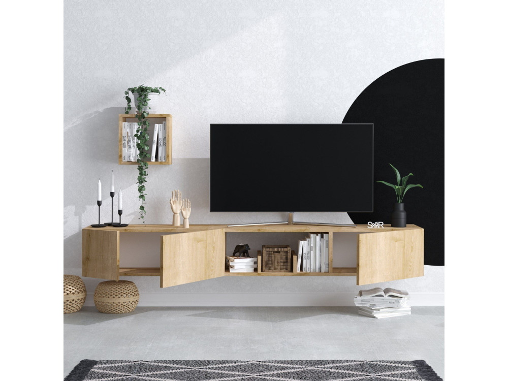 Meuble TV avec étagère murale en bois "Avior" - 180 x 32 x 25 cm - Beige