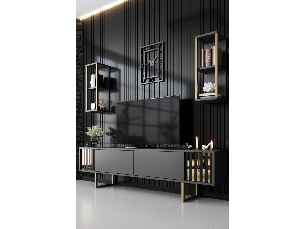 Meuble TV en bois "Gold Line" - 180 x 30 x 48 cm - AnthraciteNoir
