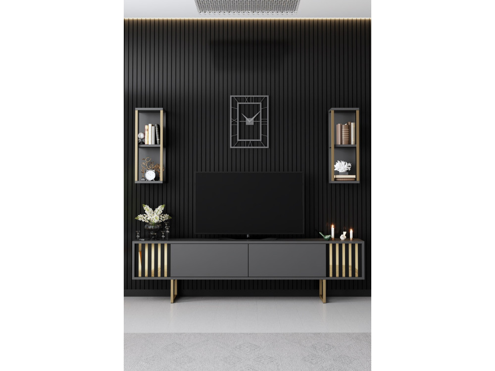 Meuble TV en bois "Gold Line" - 180 x 30 x 48 cm - AnthraciteNoir