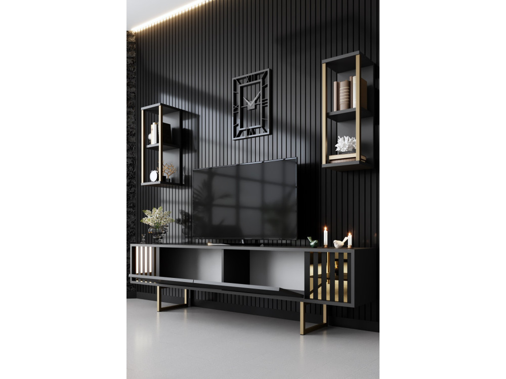Meuble TV en bois "Gold Line" - 180 x 30 x 48 cm - AnthraciteNoir