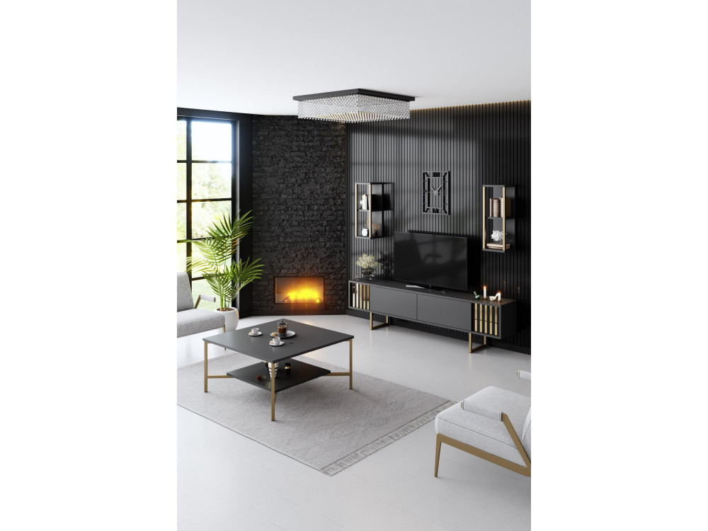 Meuble TV en bois "Gold Line" - 180 x 30 x 48 cm - AnthraciteNoir