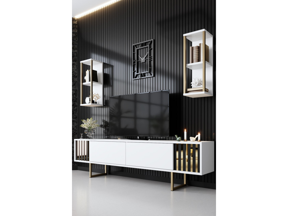 Meuble TV en bois "Gold Line" - 180 x 30 x 48 cm - BlancNoir