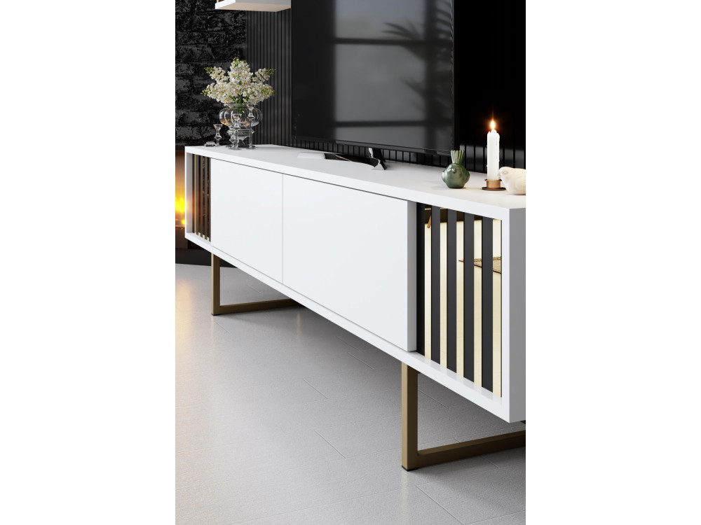 Meuble TV en bois "Gold Line" - 180 x 30 x 48 cm - BlancNoir