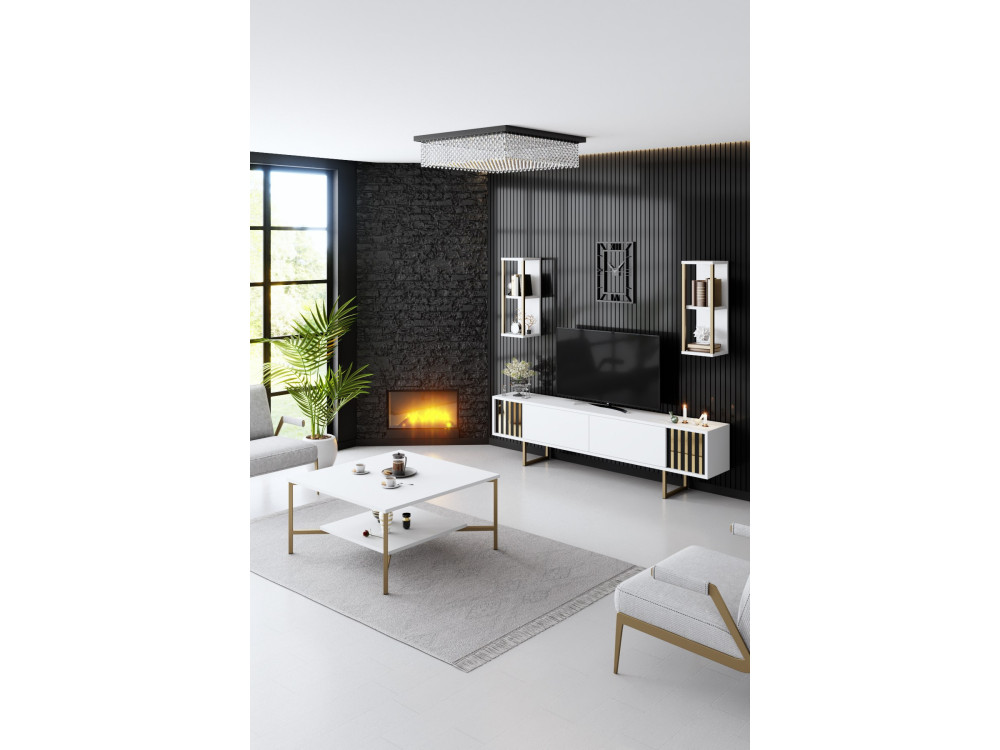 Meuble TV en bois "Gold Line" - 180 x 30 x 48 cm - BlancNoir