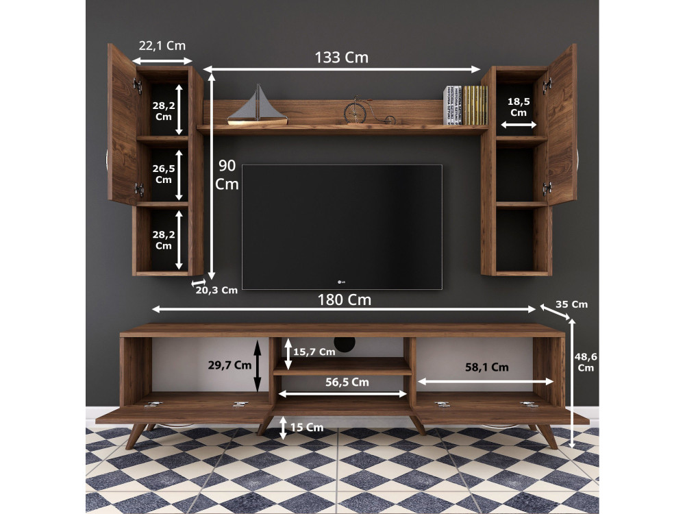 Ensemble meuble TV en bois "Mezalun" - 180 x 35 x 48 cm - Marron