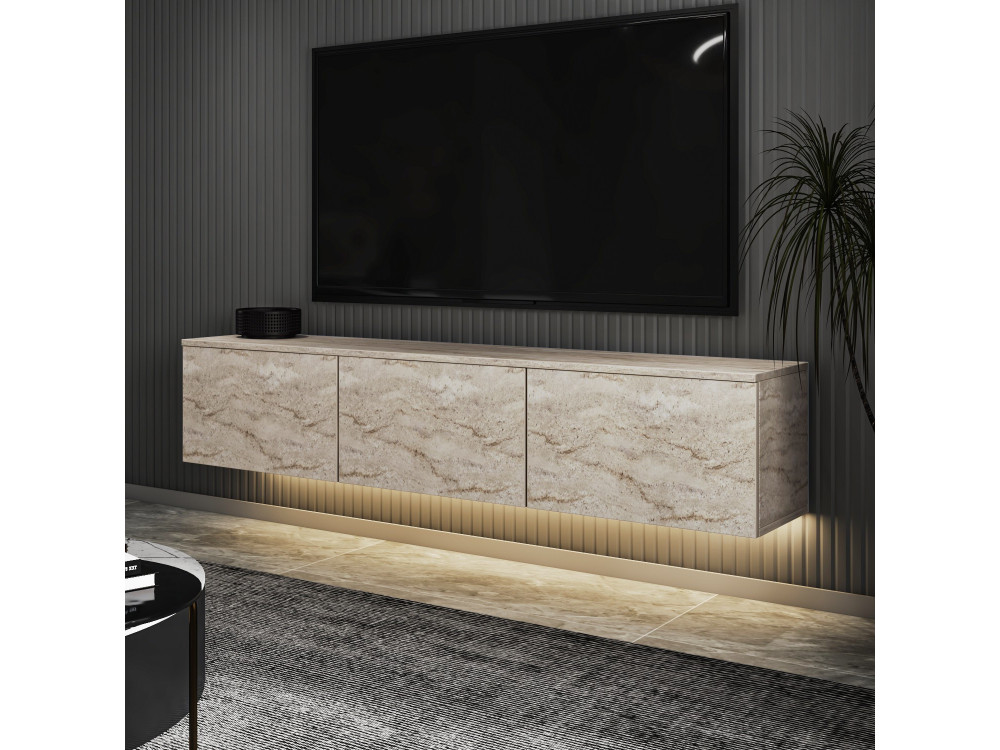 Meuble TV suspendu en bois avec éclairage LED "Neon illuminated" - 160 x 32 x 35 cm - Travertin