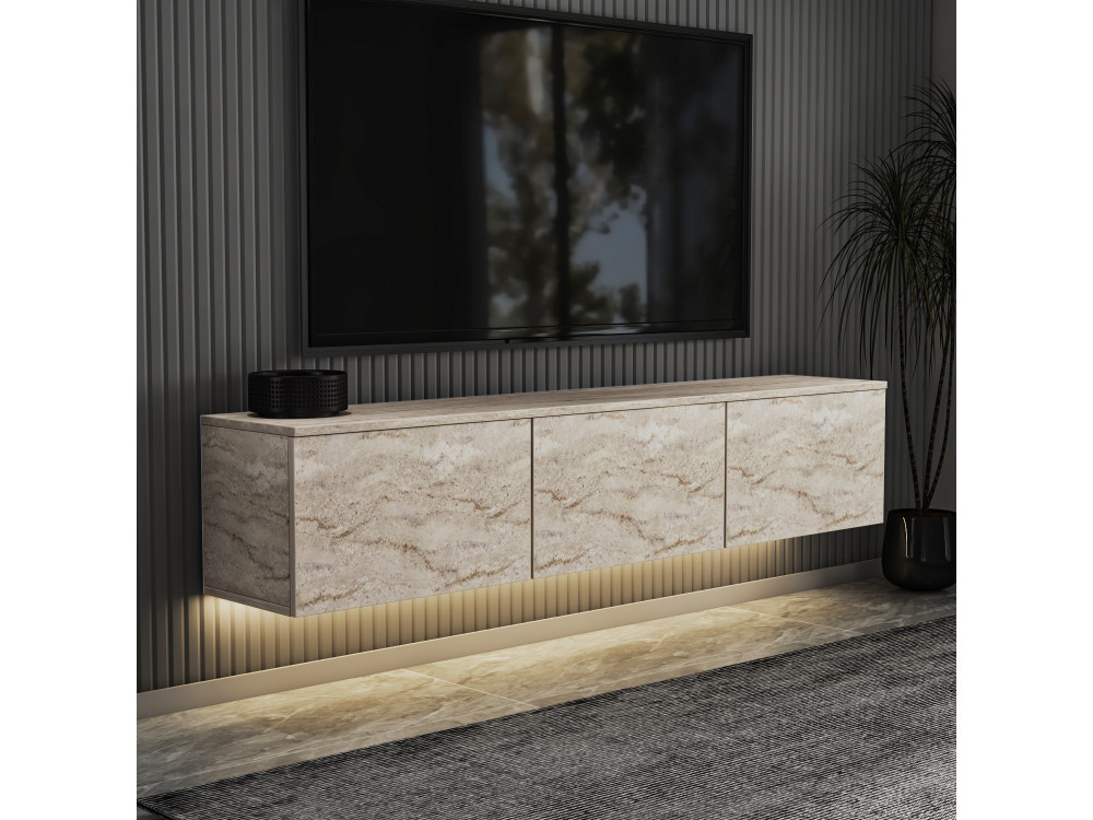 Meuble TV suspendu en bois avec éclairage LED "Neon illuminated" - 160 x 32 x 35 cm - Travertin
