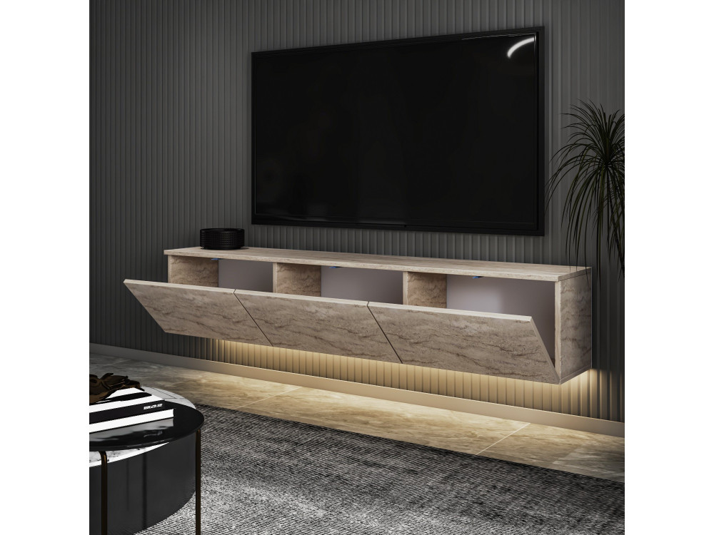 Meuble TV suspendu en bois avec éclairage LED "Neon illuminated" - 160 x 32 x 35 cm - Travertin
