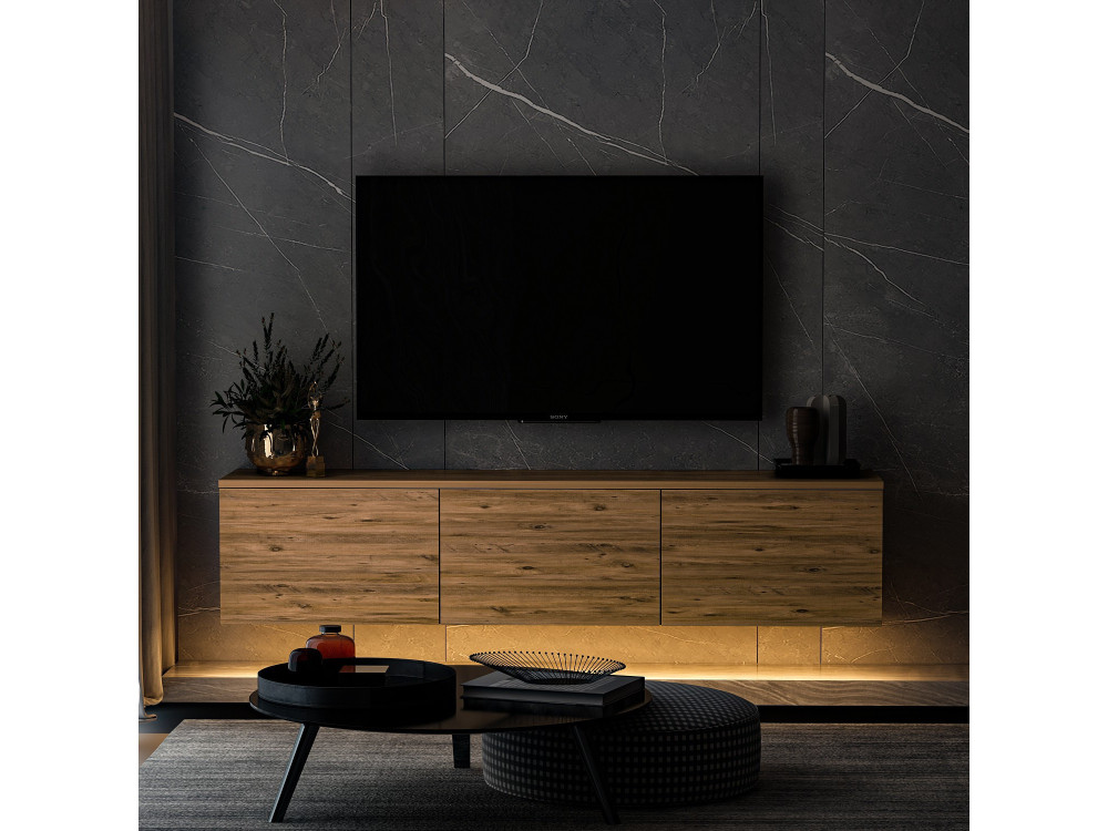 Meuble TV suspendu en bois avec éclairage LED "Neon illuminated" - 160 x 32 x 35 cm - Marron