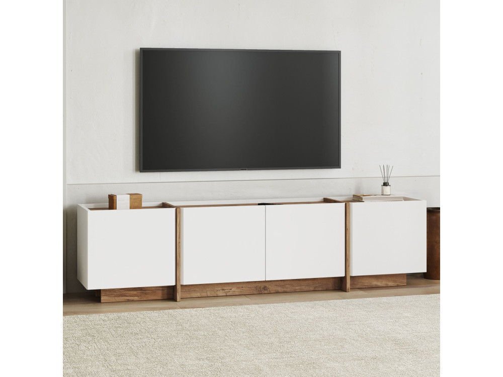 Meuble TV en bois "Lowen" - 180 x 35 x 46 cm - Blanc / Pin Atlantique