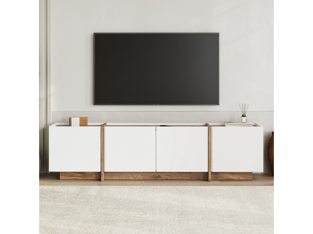 Meuble TV en bois "Lowen" - 180 x 35 x 46 cm - Blanc / Pin Atlantique