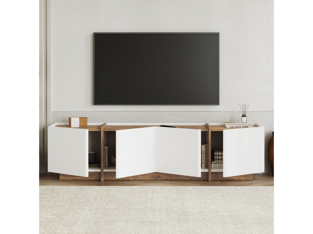 Meuble TV en bois "Lowen" - 180 x 35 x 46 cm - Blanc / Pin Atlantique
