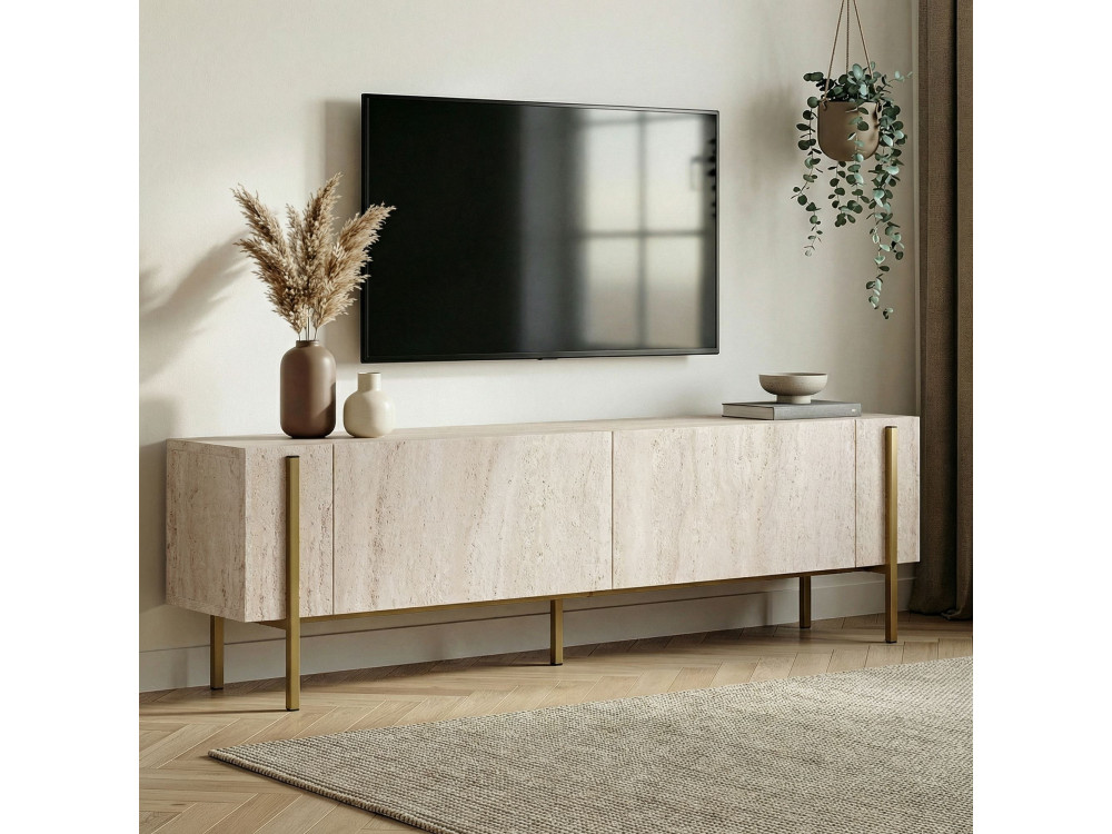 Meuble TV en bois "Nexus" - 180 x 30 x 45 cm - Travertin / Or