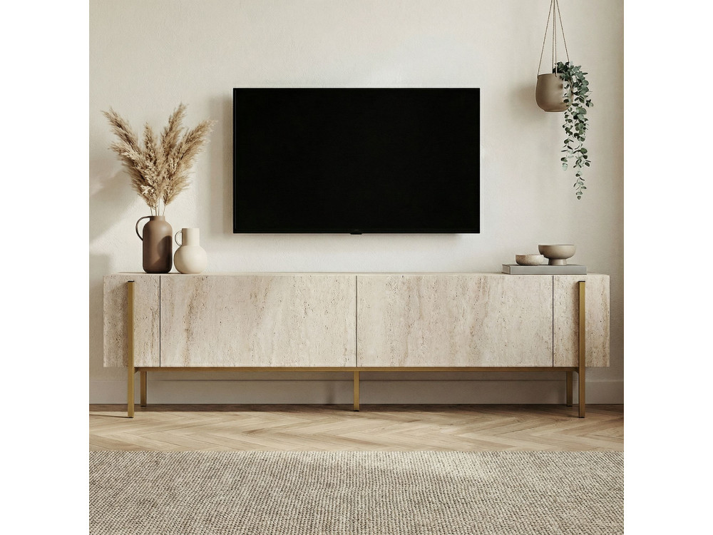 Meuble TV en bois "Nexus" - 180 x 30 x 45 cm - Travertin / Or