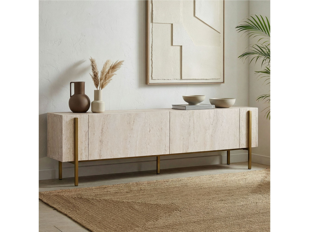 Meuble TV en bois "Nexus" - 180 x 30 x 45 cm - Travertin / Or