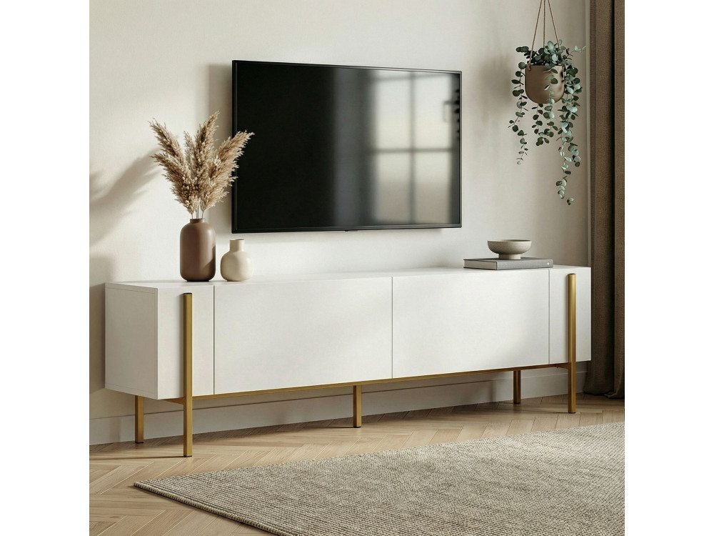 Meuble TV en bois "Nexus" - 180 x 30 x 45 cm - Blanc / Or
