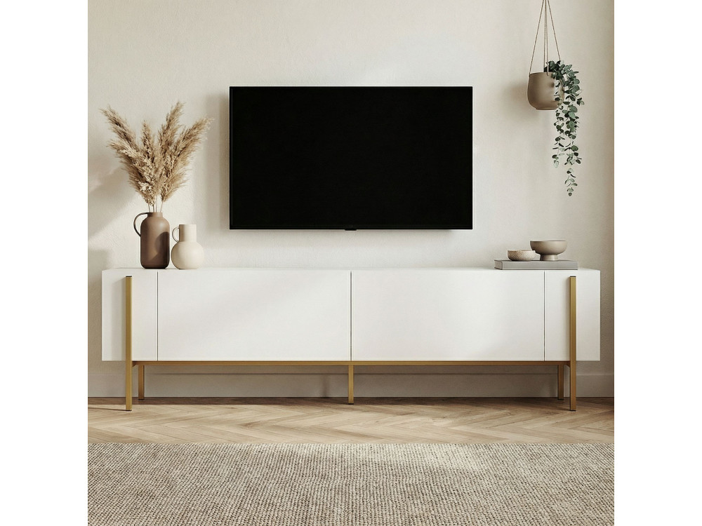Meuble TV en bois "Nexus" - 180 x 30 x 45 cm - Blanc / Or