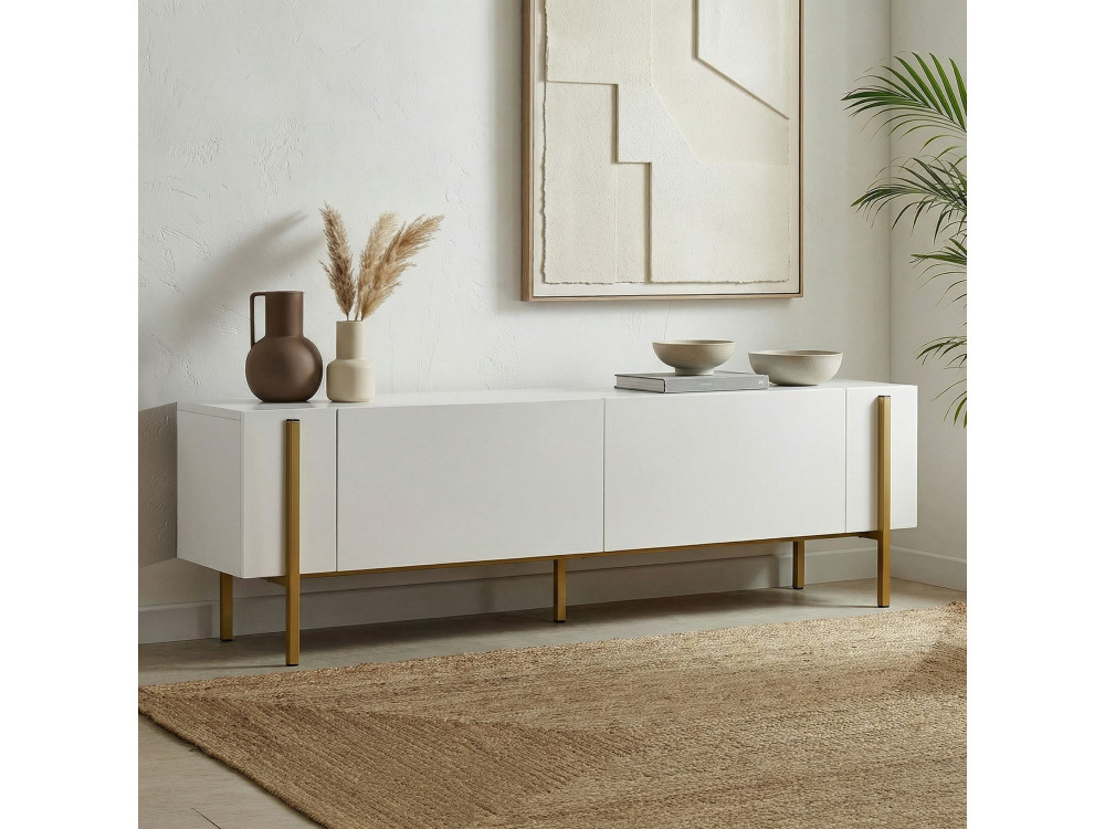 Meuble TV en bois "Nexus" - 180 x 30 x 45 cm - Blanc / Or