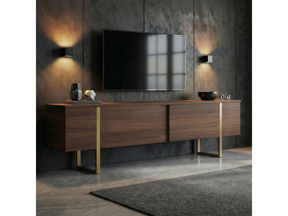 Meuble TV en bois "Onera" - 180 x 30 x 50 cm - Noyer / Or