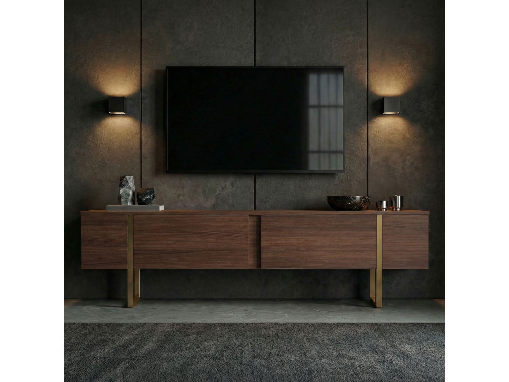 Meuble TV en bois "Onera" - 180 x 30 x 50 cm - Noyer / Or