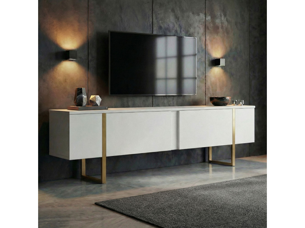 Meuble TV en bois "Onera" - 180 x 30 x 50 cm - Blanc / Or