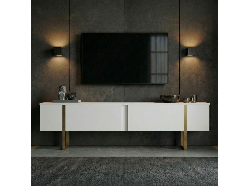 Meuble TV en bois "Onera" - 180 x 30 x 50 cm - Blanc / Or