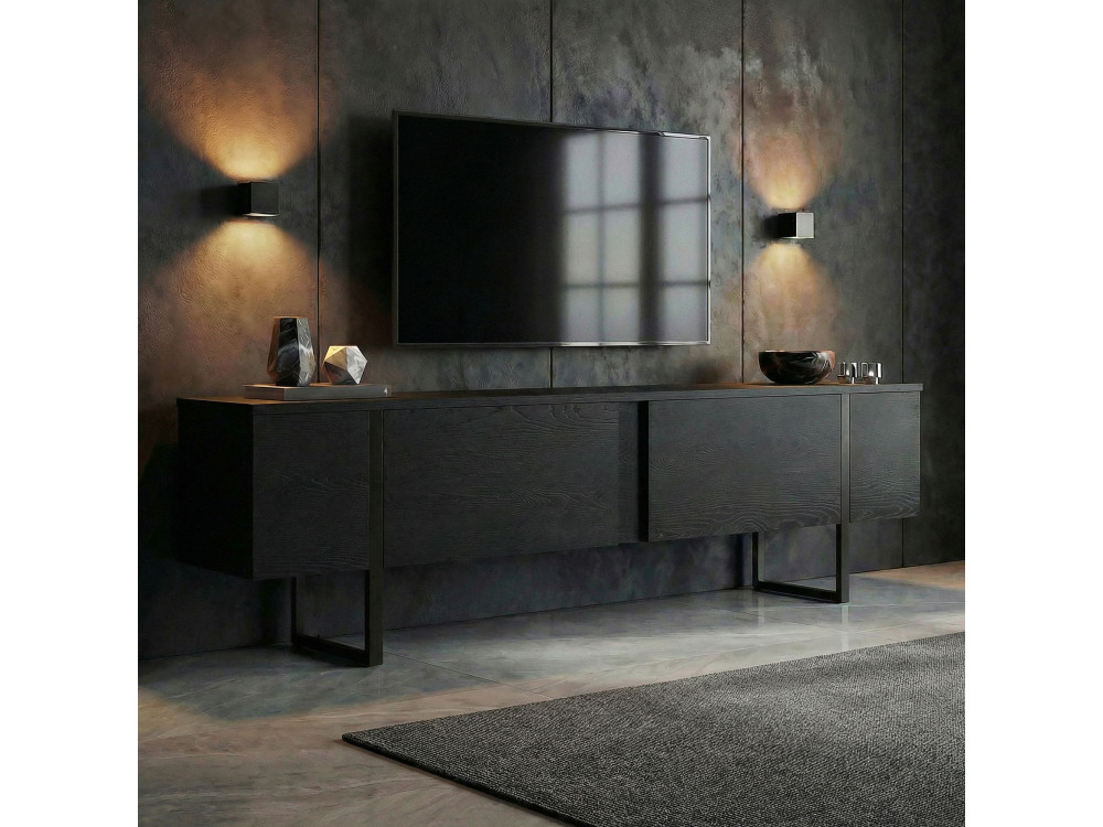 Meuble TV en bois "Onera" - 180 x 30 x 50 cm - Bois Noir / Noir