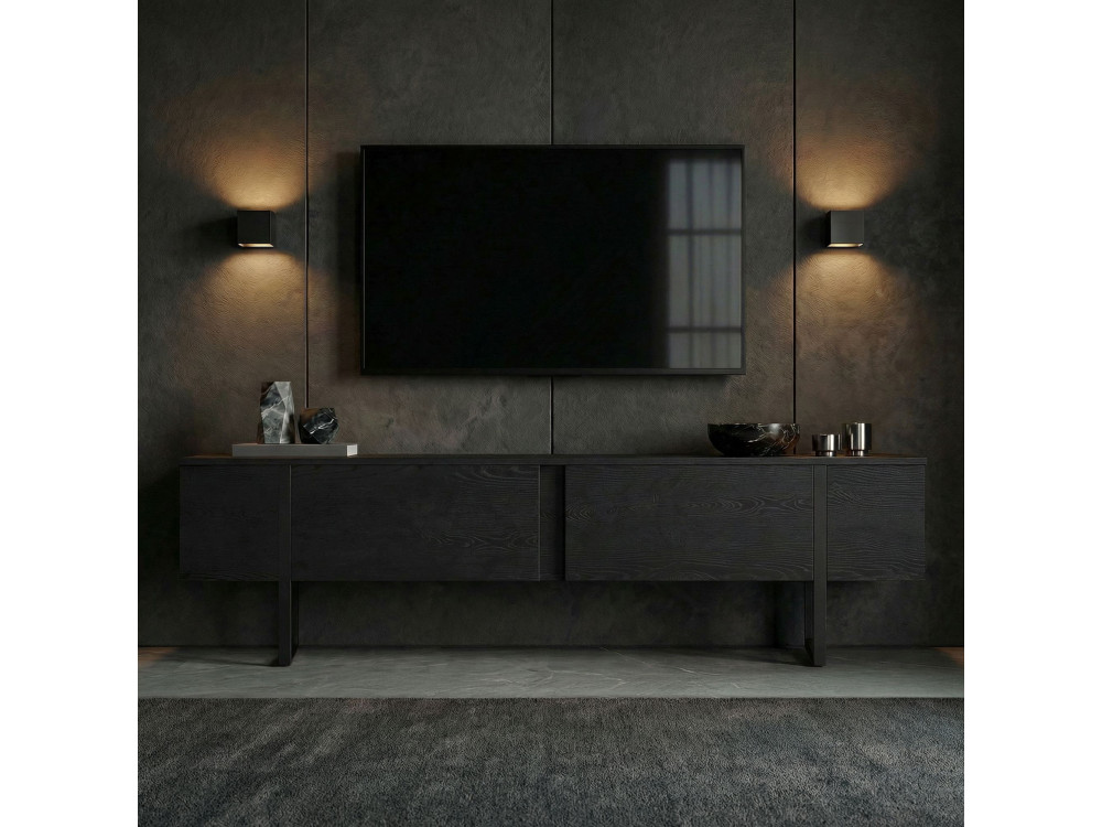 Meuble TV en bois "Onera" - 180 x 30 x 50 cm - Bois Noir / Noir